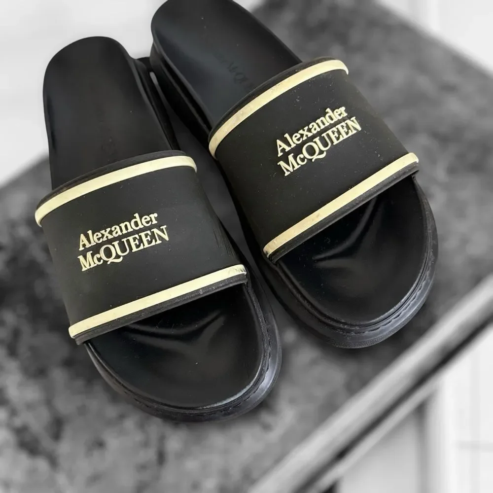 Alexander McQueen Black and Gold Slide Sandals